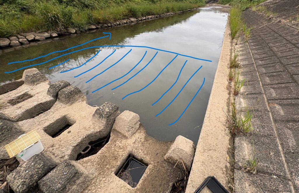 滞留して流れが緩やかな場所