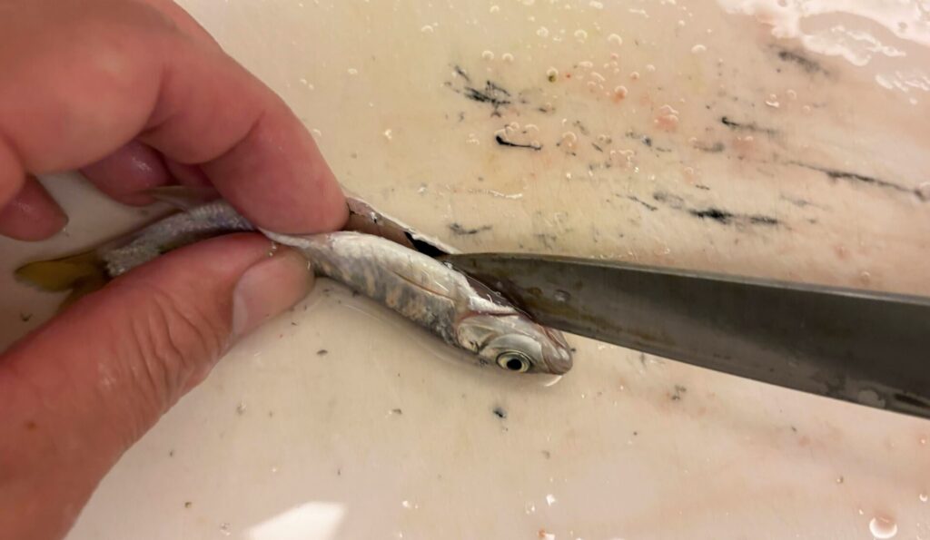 火が入りやすいように頭にも包丁を入れておく